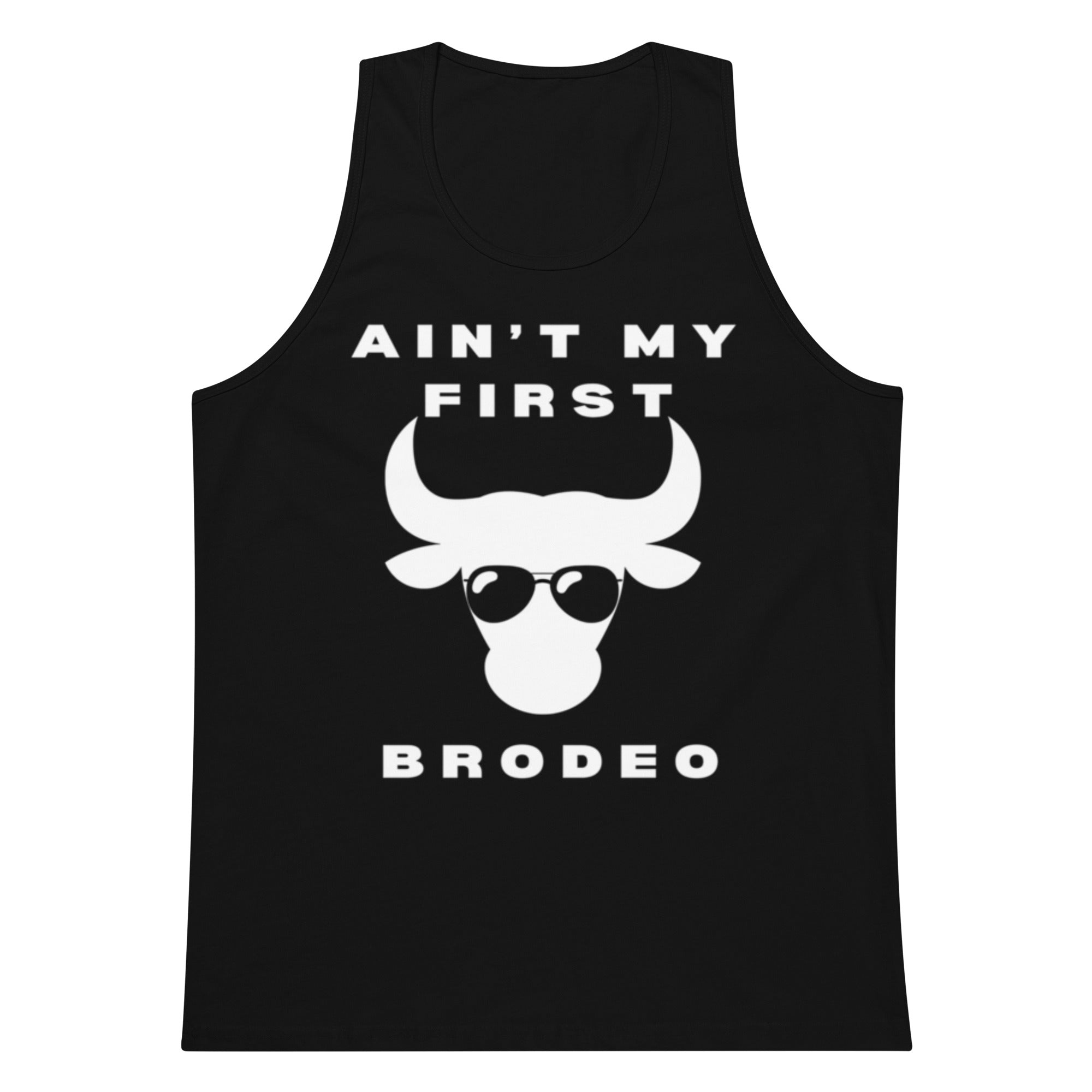Black tank top with white graphic and text on a white background