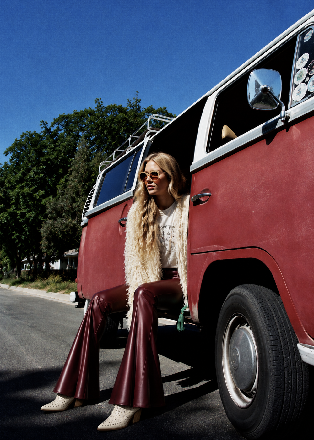 Burgundy Faux Leather Bell Bottom Flare Pants