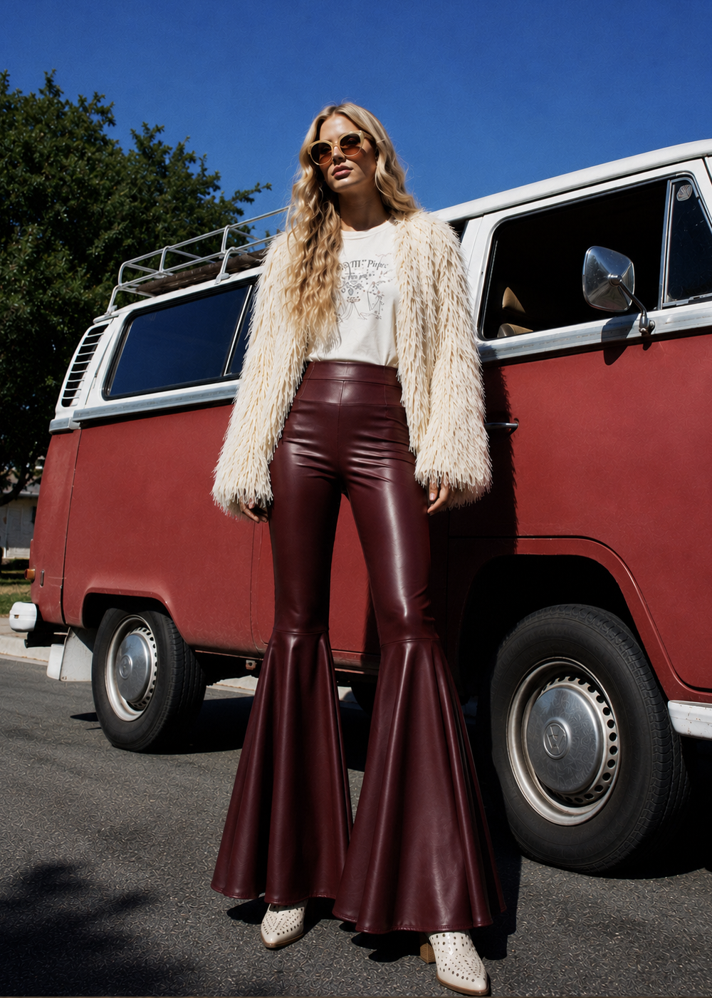 Burgundy Faux Leather Bell Bottom Flare Pants