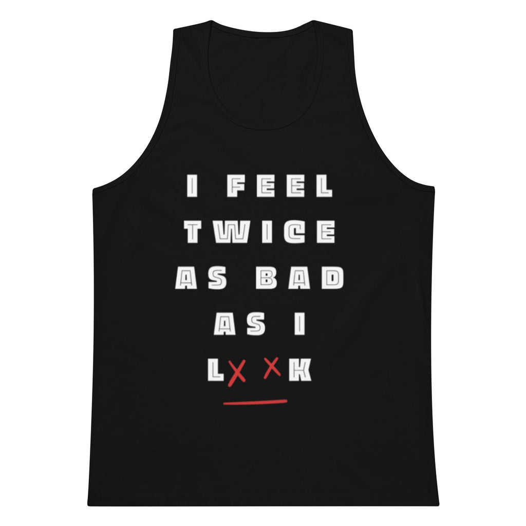 Black tank top with white text on a white background