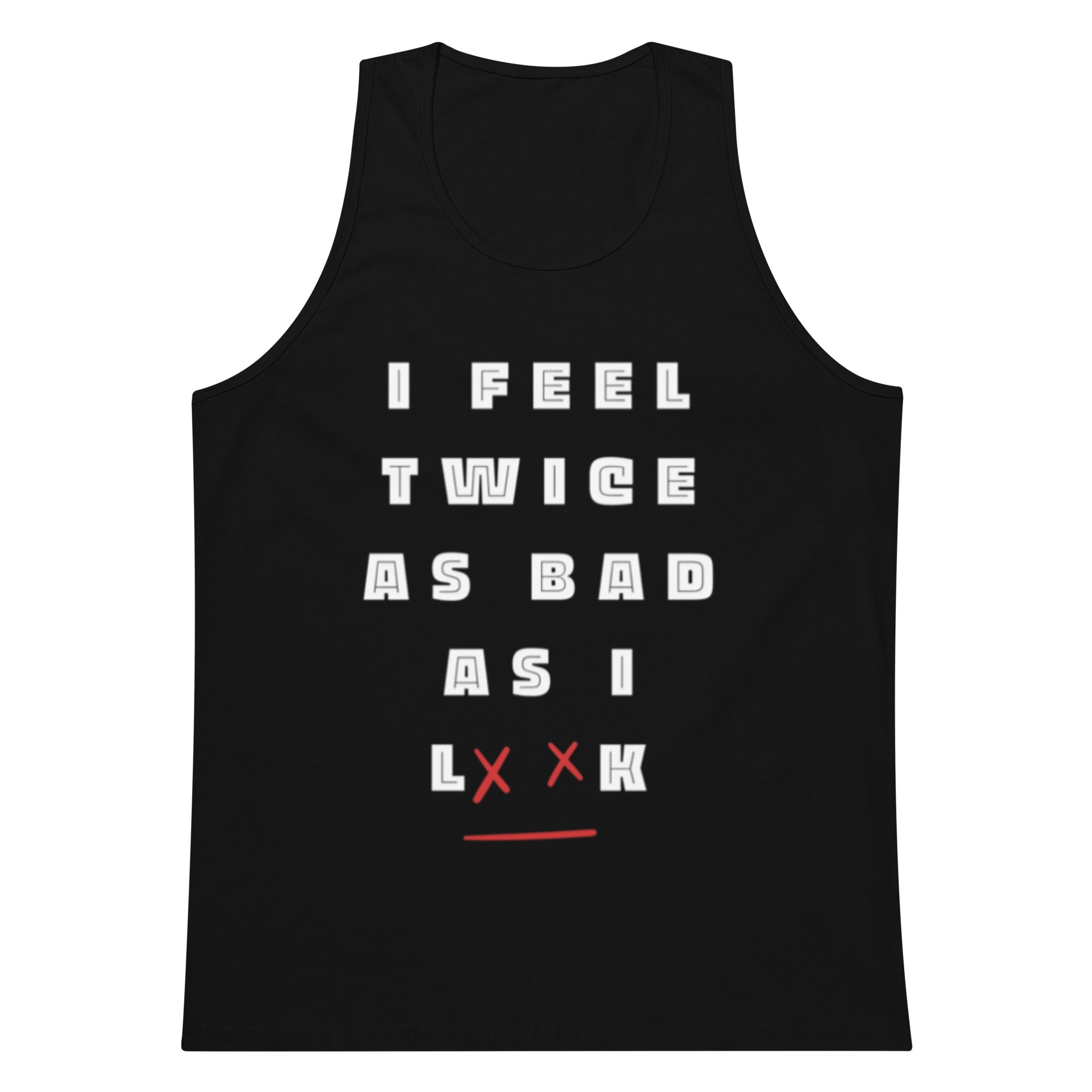 Black tank top with white text on a white background