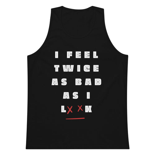 Black tank top with white text on a white background