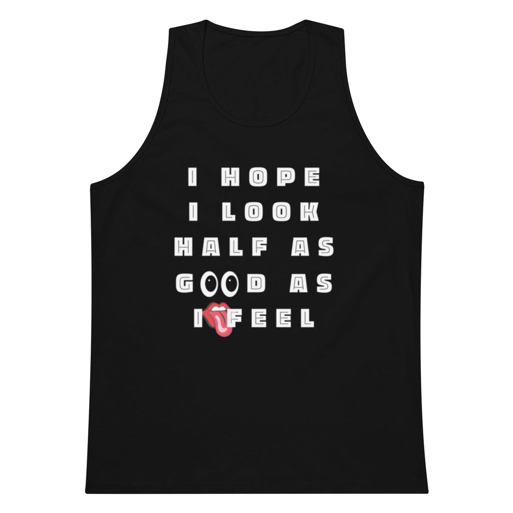 Black tank top with white text and a red lip graphic on a white background