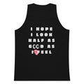 Black tank top with white text and a red lip graphic on a white background