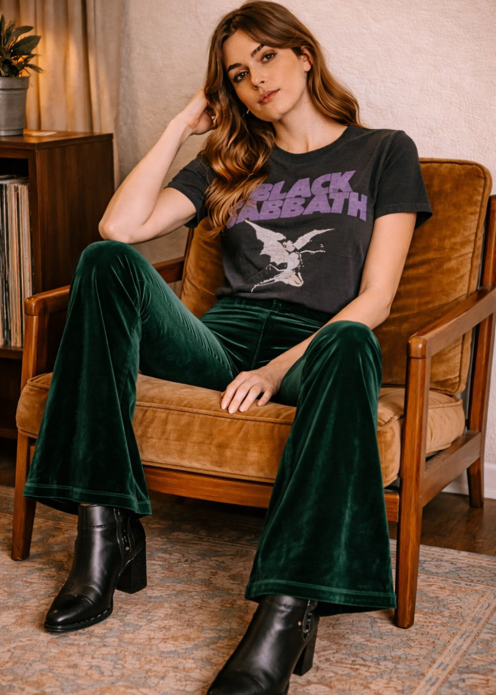 Green Velvet Bell Bottom Flare Pants