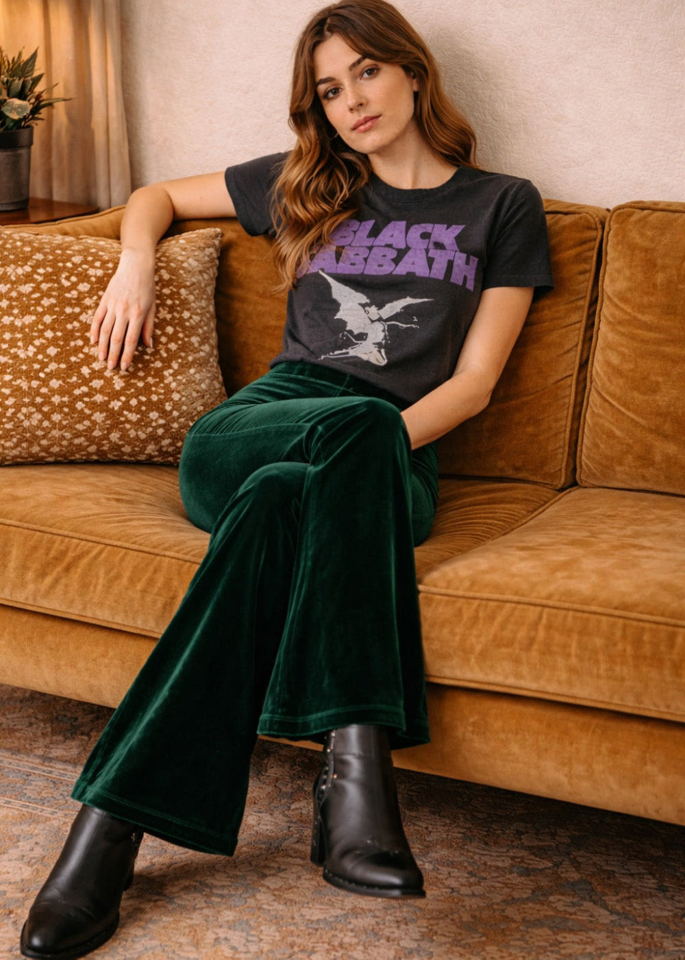 Green Velvet Bell Bottom Flare Pants