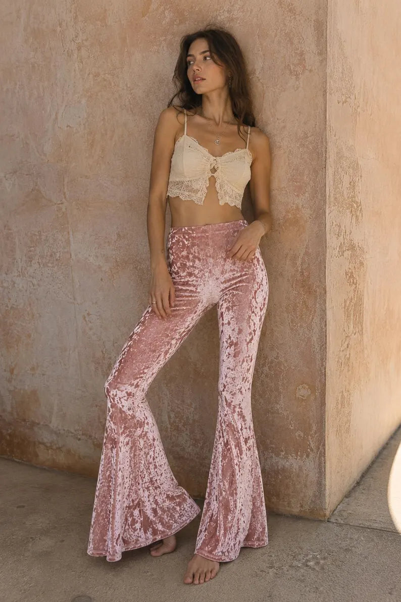 Light Pink Crushed Velvet Bell Bottom Pants